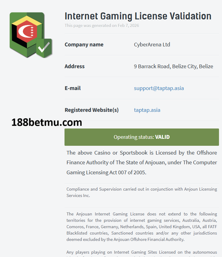 188bet Giấy phép của nhà cái 188bet